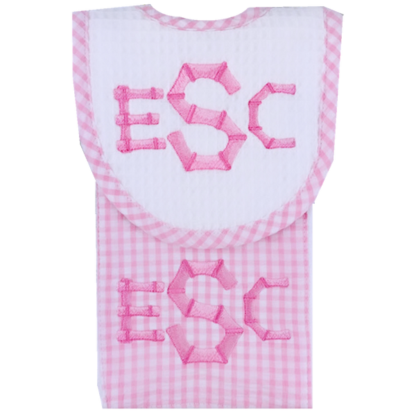 Pink Gingham Bib and Burp Set