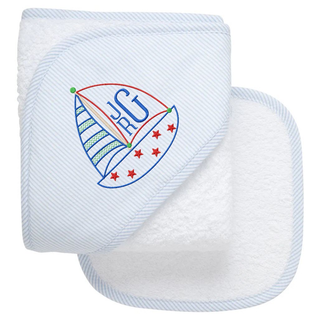 Blue Seersucker Hooded Towel/Washcloth Set