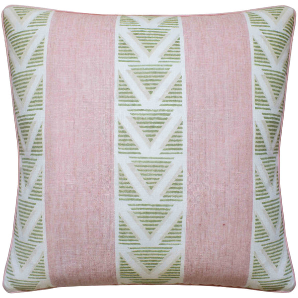 Decorative pillow with pink background and green geometric pattern