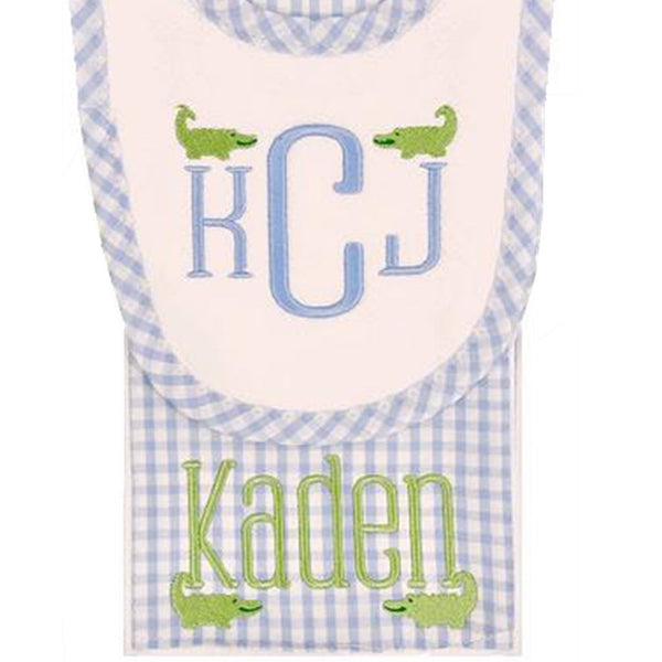 Blue Gingham Bib and Burp Set