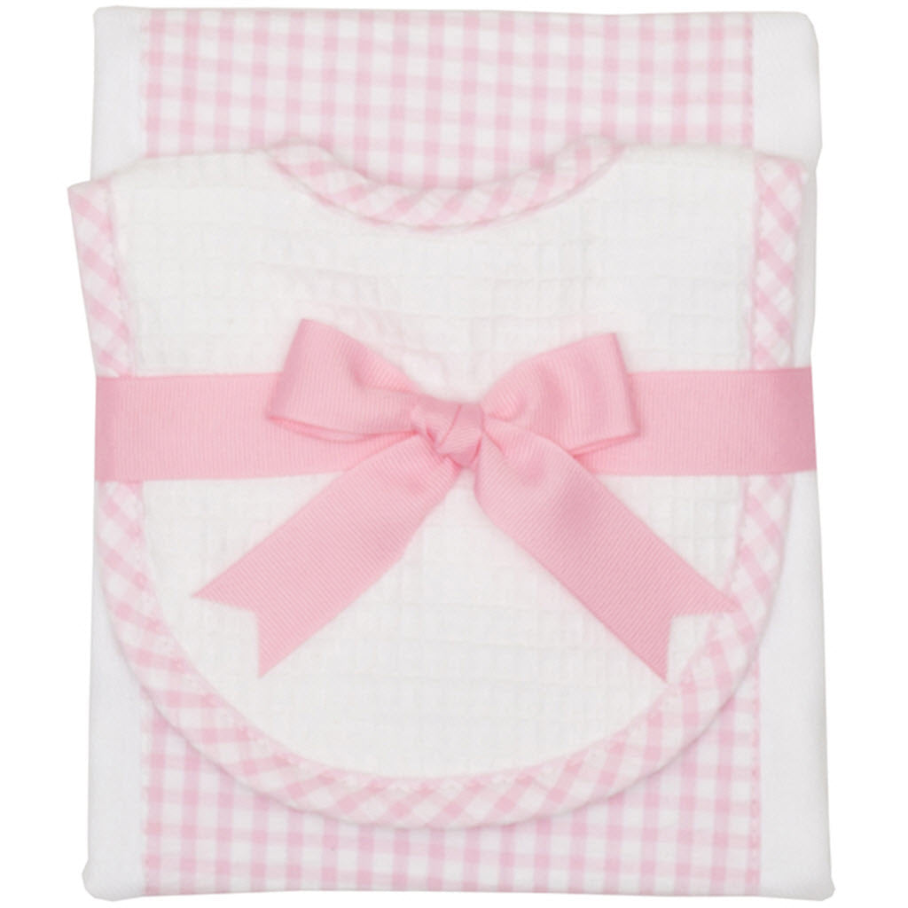 Pink Gingham Bib and Burp Set